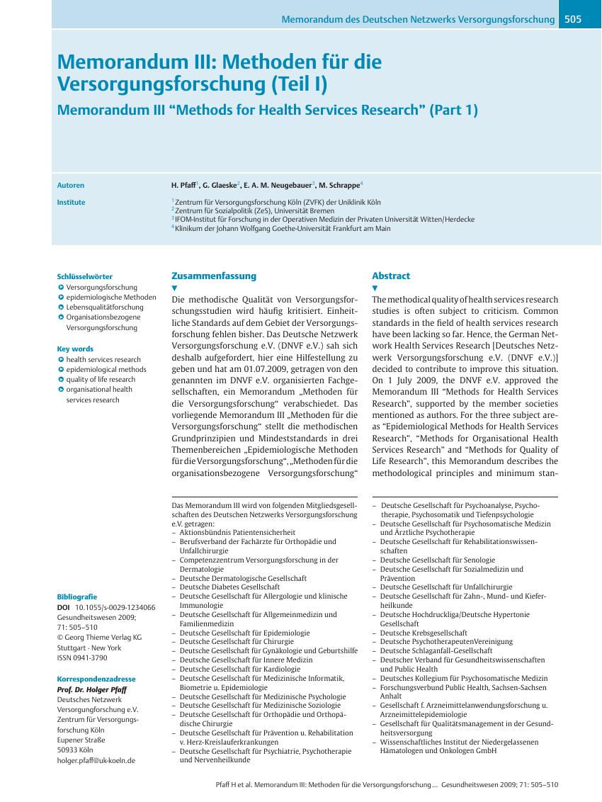 Vorschauseite 1: Memorandum III: Methoden für die Versorgungsforschung (Teil I)