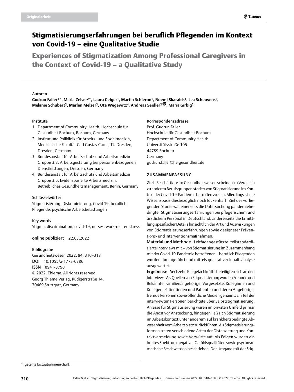 Vorschauseite 1: Stigmatisierungserfahrungen bei beruflich Pflegenden im Kontext von Covid-19 – eine qualitative Studie