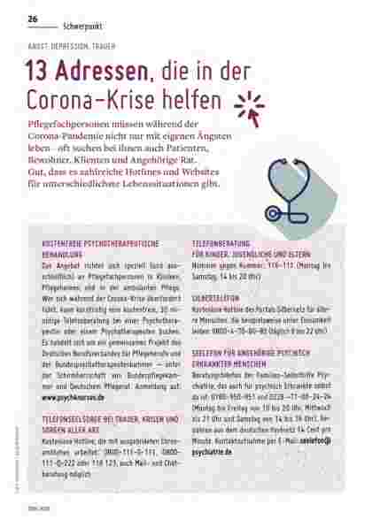 Vorschauseite 1: ANGST, DEPRESSION, TRAUER 13 Adressen, die in der Corona-Krise helfen