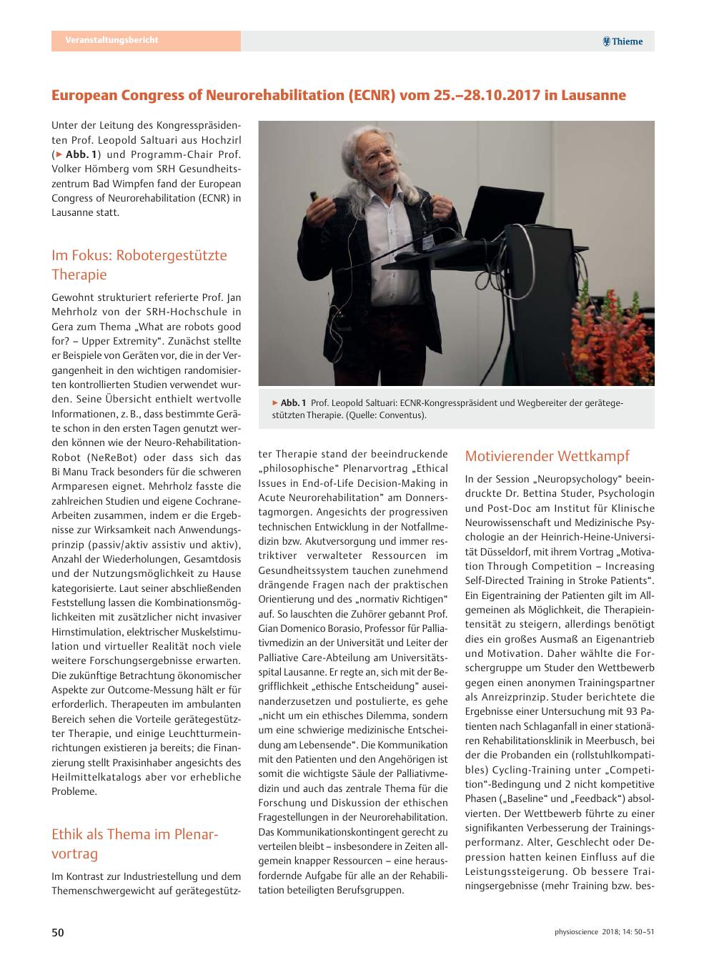 Vorschauseite 1: European Congress of Neurorehabilitation (ECNR) vom 25.?28.10.2017 in Lausanne