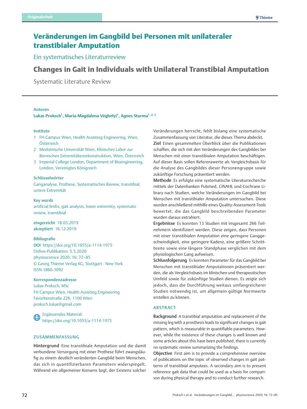 Vorschauseite 1: Veränderungen im Gangbild bei Personen mit unilateraler transtibialer Amputation – Ein systematisches Literaturreview