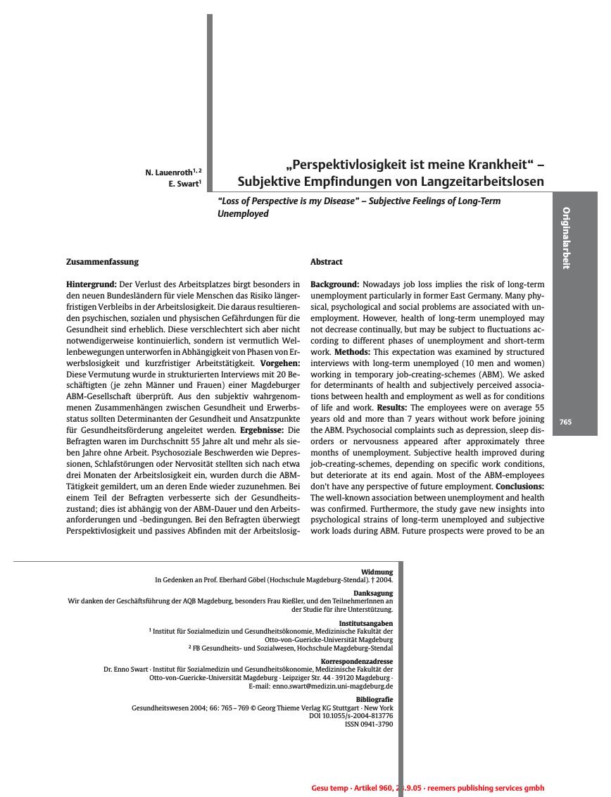 Vorschauseite 1: „Perspektivlosigkeit ist meine Krankheit” - Subjektive Empfindungen von Langzeitarbeitslosen