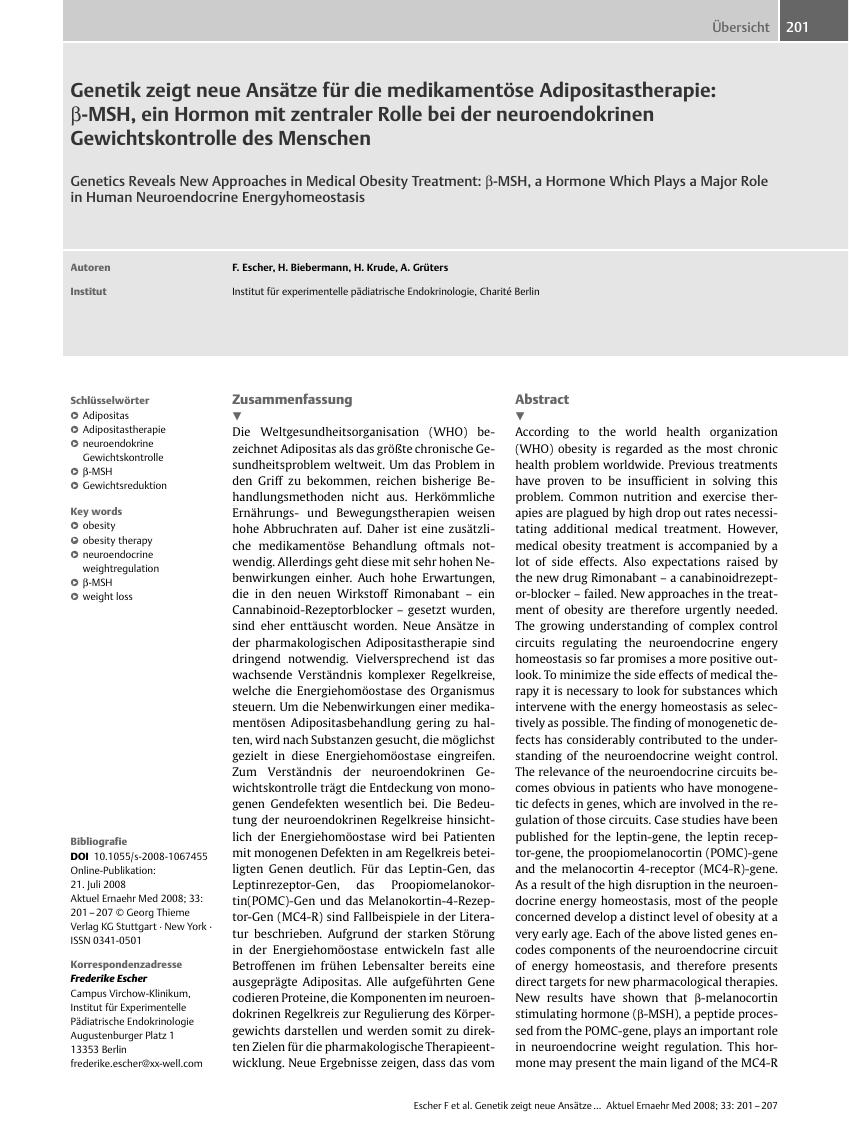 Vorschauseite 1: Genetik zeigt neue Ansätze für die medikamentöse Adipositastherapie: β-MSH, ein Hormon mit zentraler Rolle bei der neuroendokrinen Gewichtskontrolle des Menschen