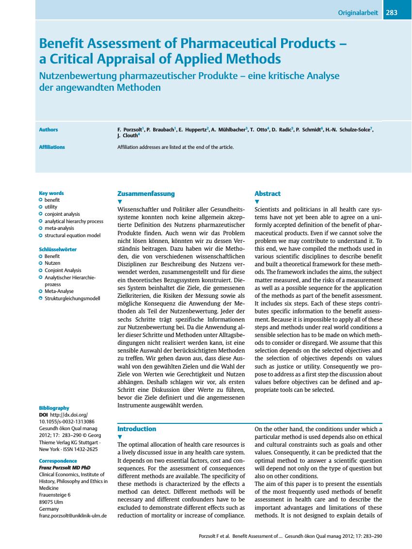 Vorschauseite 1: Benefit Assessment of Pharmaceutical Products – a Critical Appraisal of Applied Methods