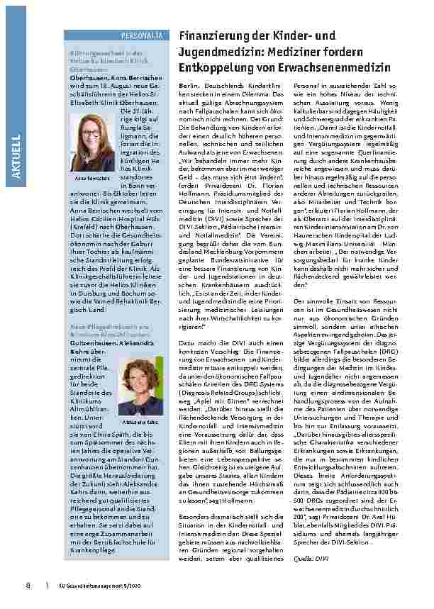Vorschauseite 1: Finanzierung der Kinderund Jugendmedizin: Mediziner fordern Entkoppelung von Erwachsenenmedizin