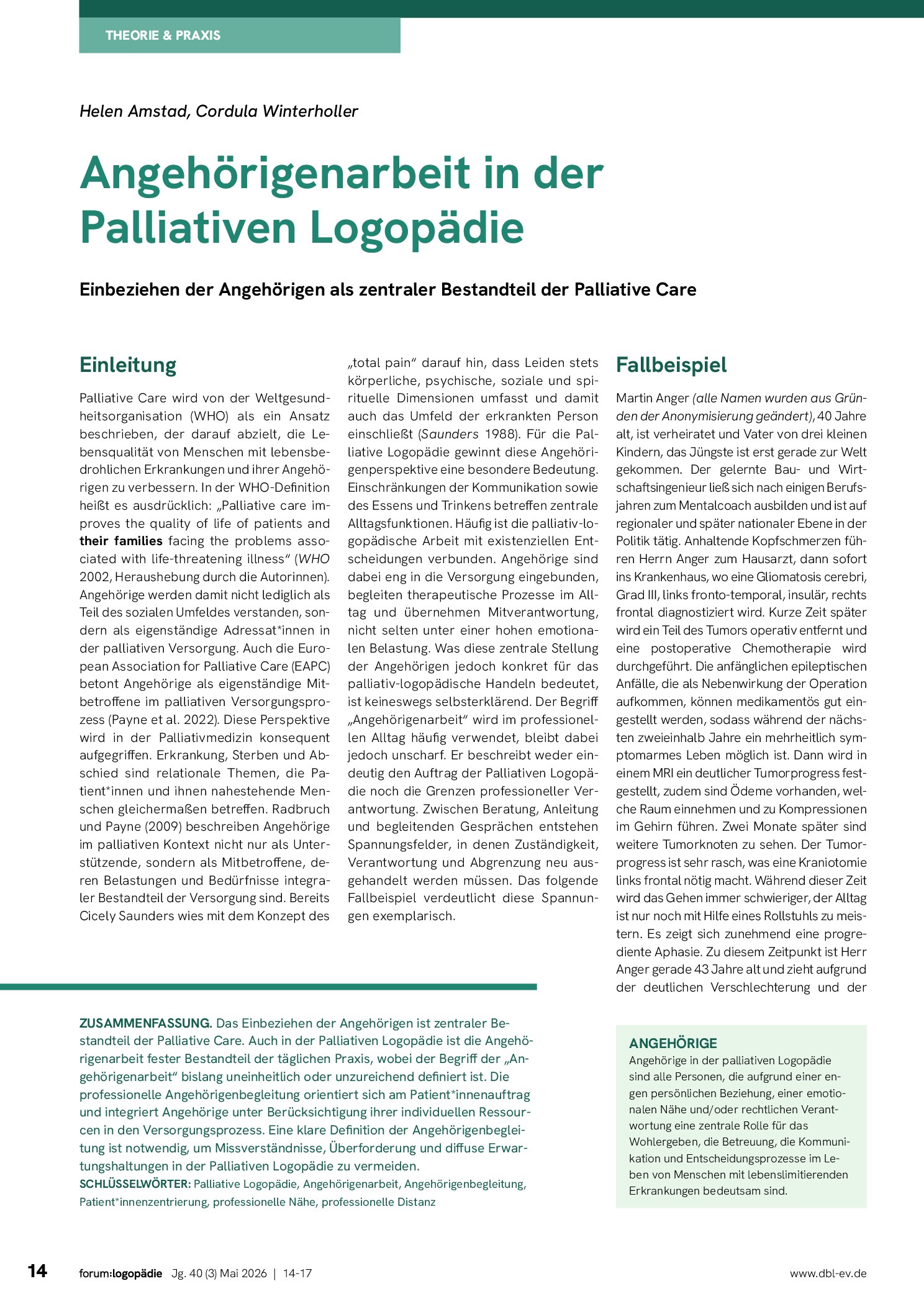 Vorschauseite 1: Angehörigenarbeit in der palliativen Logopädie. Einbeziehen der Angehörigen als zentraler Bestandteil der Palliative Care