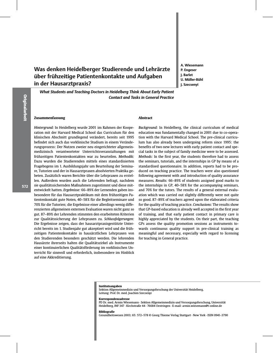Vorschauseite 1: Was denken Heidelberger Studierende und Lehrärzte über frühzeitige Patientenkontakte und Aufgaben in der Hausarztpraxis?