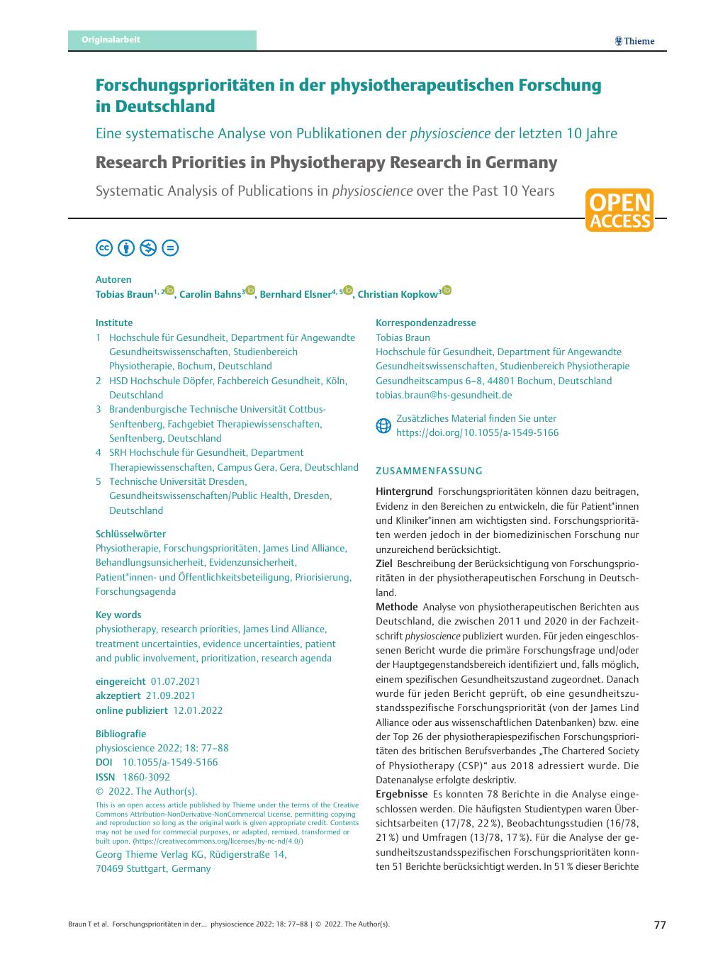 Vorschauseite 1: Forschungsprioritäten in der physiotherapeutischen Forschung in Deutschland – Eine systematische Analyse von Publikationen der Physioscience der letzten 10 Jahre