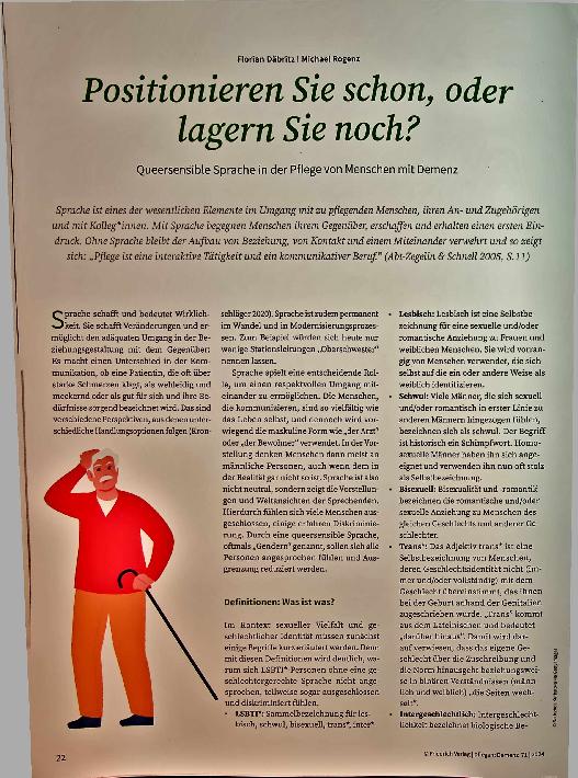 Vorschauseite 1: Positionieren Sie schon, oder lagern Sie noch? Queersensible Sprache in der Pflege von Menschen mit Demenz