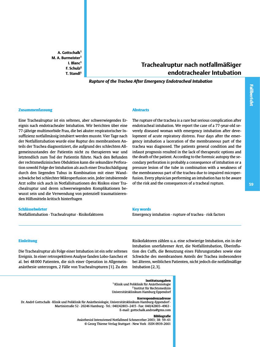 Vorschauseite 1: Trachealruptur nach notfallmäßiger endotrachealer Intubation