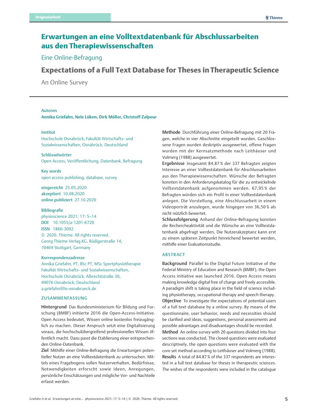 Vorschauseite 1: Erwartungen an eine Volltextdatenbank für Abschlussarbeiten aus den Therapiewissenschaften – Eine Online-Befragung