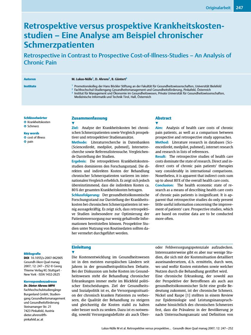 Vorschauseite 1: Retrospektive versus prospektive Krankheitskostenstudien - Eine Analyse am Beispiel chronischer Schmerzpatienten