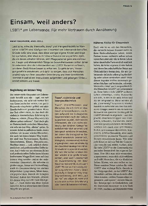 Vorschauseite 2: Einsam, weil anders? LSBTI* am Lebensende: Für mehr Vertrauen durch Annäherung