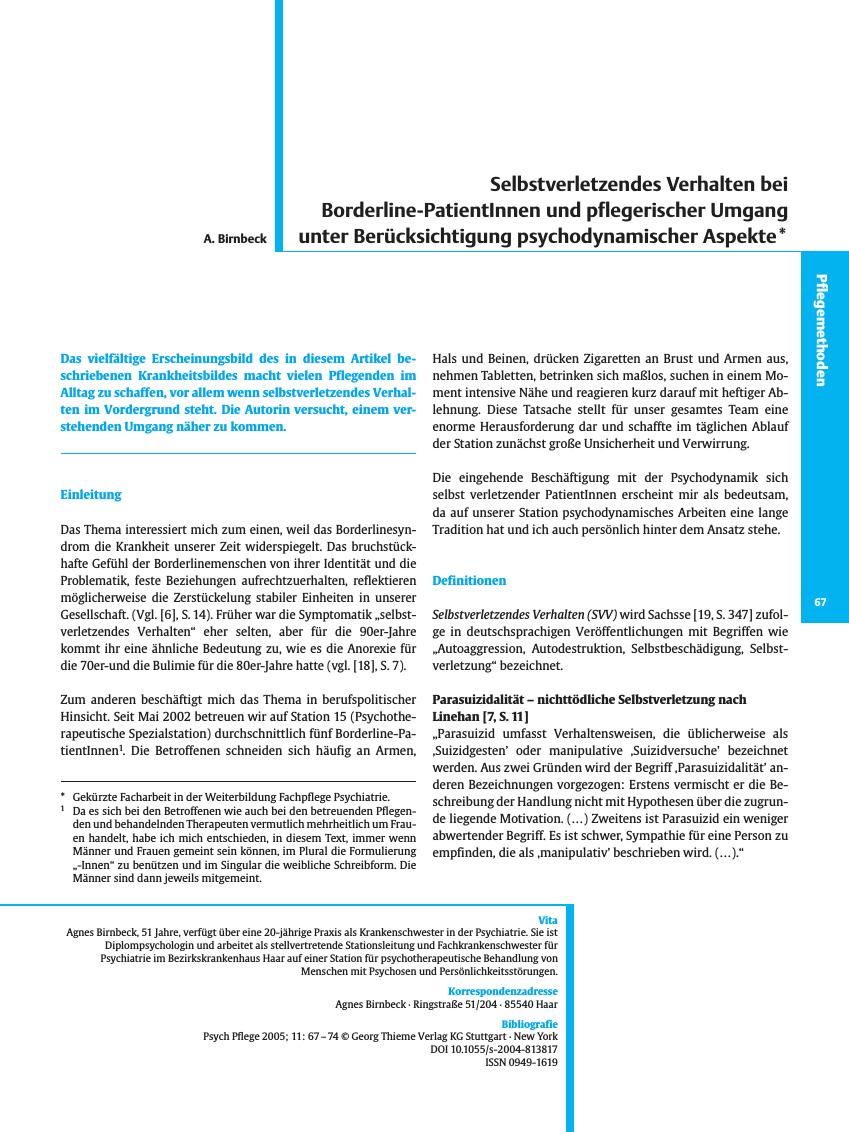 Vorschauseite 1: Selbstverletzendes Verhalten bei Borderline-PatientInnen und pflegerischer Umgang unter Berücksichtigung psychodynamischer Aspekte