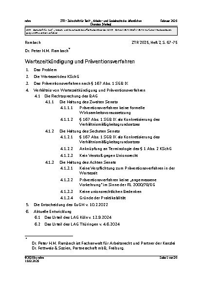 Vorschauseite 1: Wartezeitkündigung und Präventionsverfahren