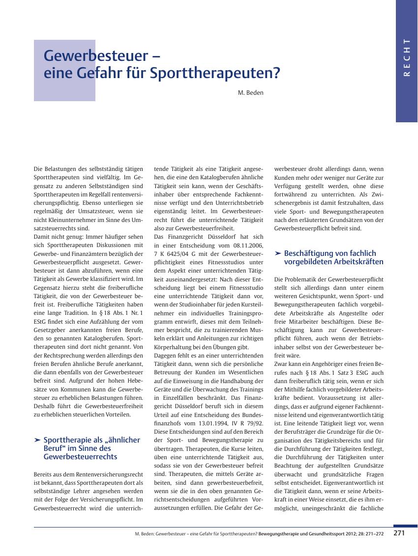 Vorschauseite 1: Gewerbesteuer – eine Gefahr für Sporttherapeuten?