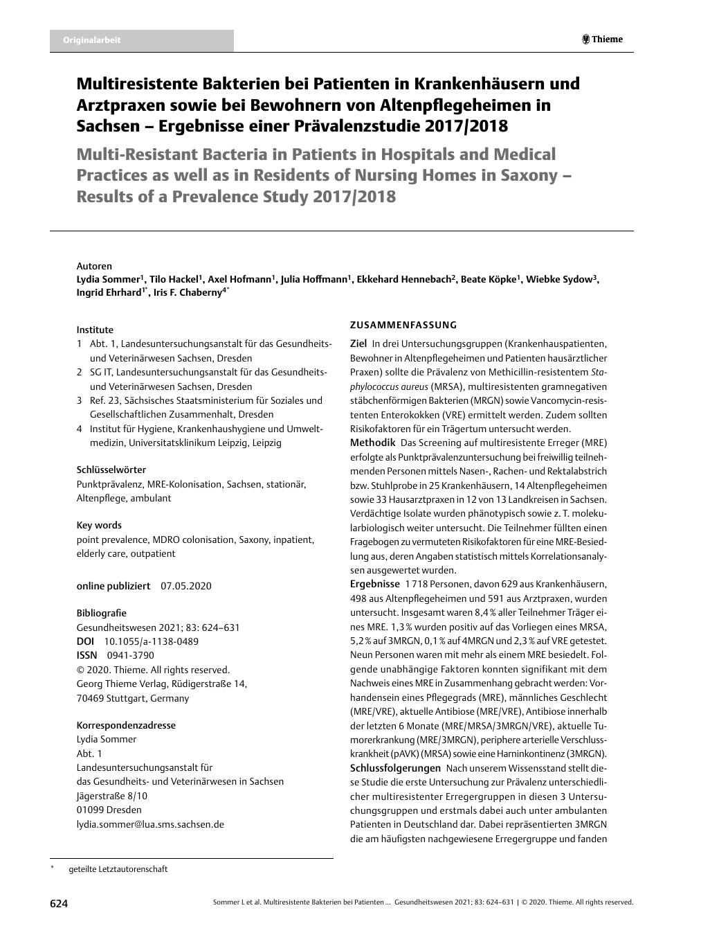 Vorschauseite 1: Multiresistente Bakterien bei Patienten in Krankenhäusern und Arztpraxen sowie bei Bewohnern von Altenpflegeheimen in Sachsen – Ergebnisse einer Prävalenzstudie 2017/2018