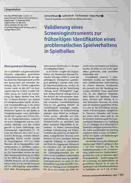 Vorschauseite 1: Validierung eines Screening-Instruments zur frühzeitigen Identifikation eines problematischen Spielverhaltens in Spielhallen