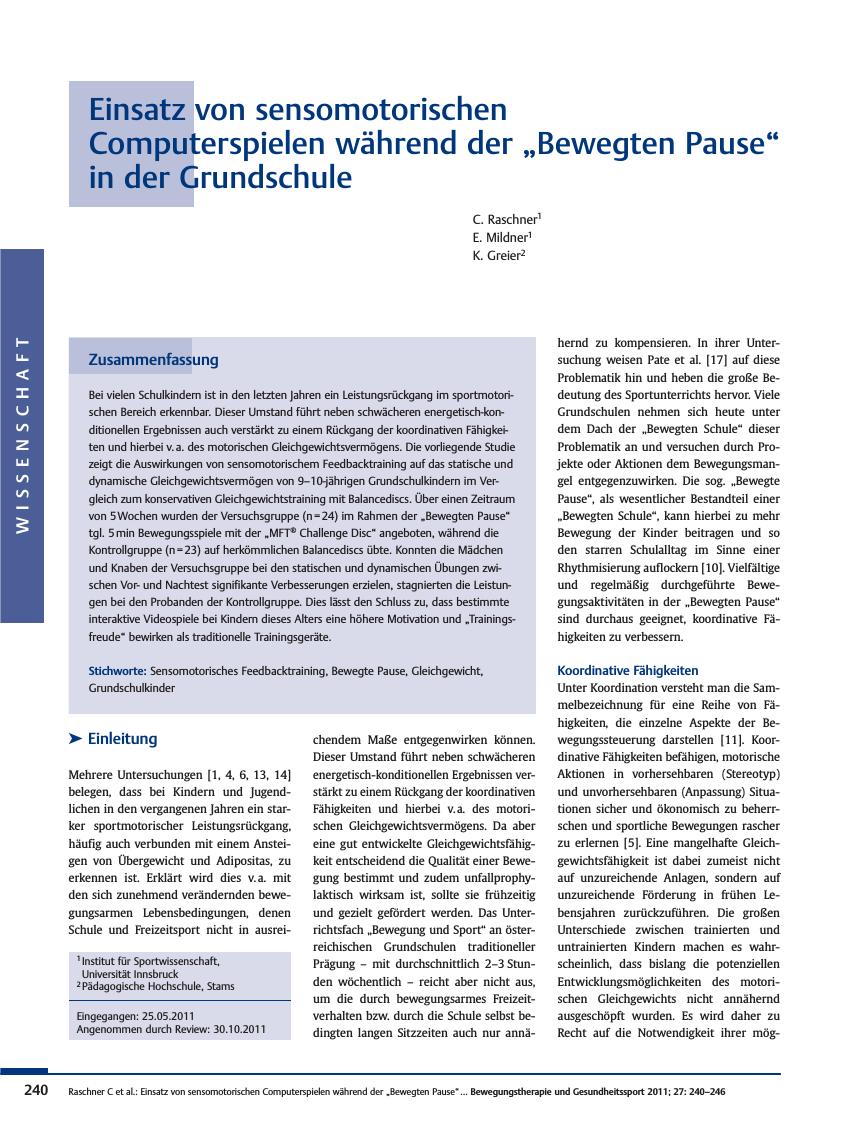 Vorschauseite 1: Einsatz von sensomotorischen Computerspielen während der „Bewegten Pause“ in der Grundschule
