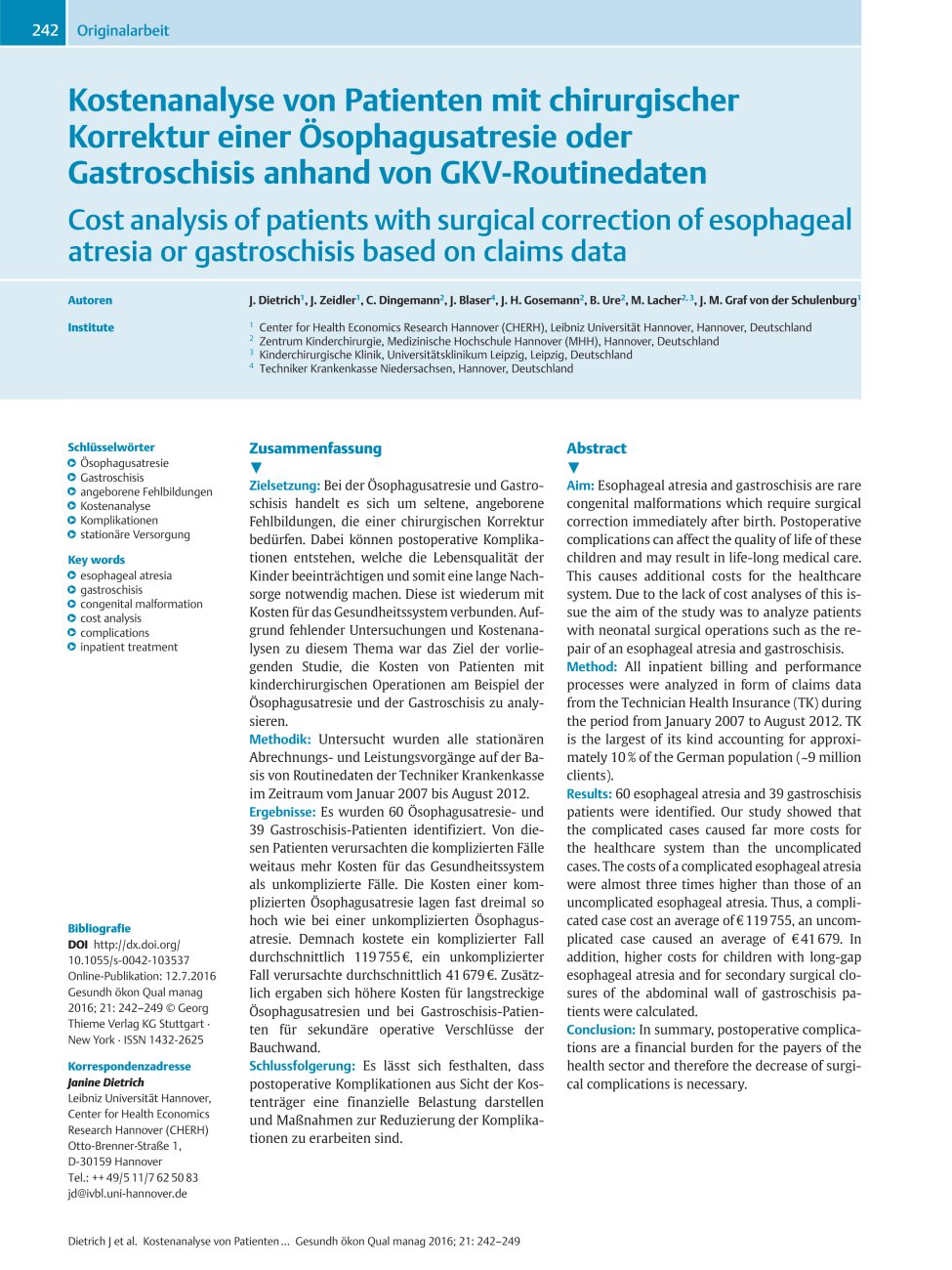 Vorschauseite 1: Kostenanalyse von Patienten mit chirurgischer Korrektur einer Ösophagusatresie oder Gastroschisis anhand von GKV-Routinedaten