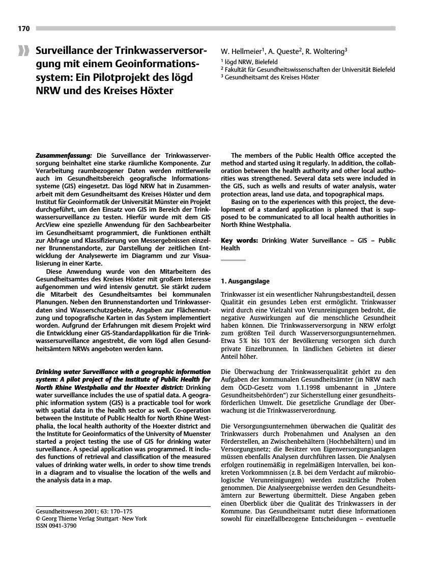 Vorschauseite 1: Surveillance der Trinkwasserversorgung mit einem Geoinformationssystem: Ein Pilotprojekt des lögd NRW und des Kreises Höxter