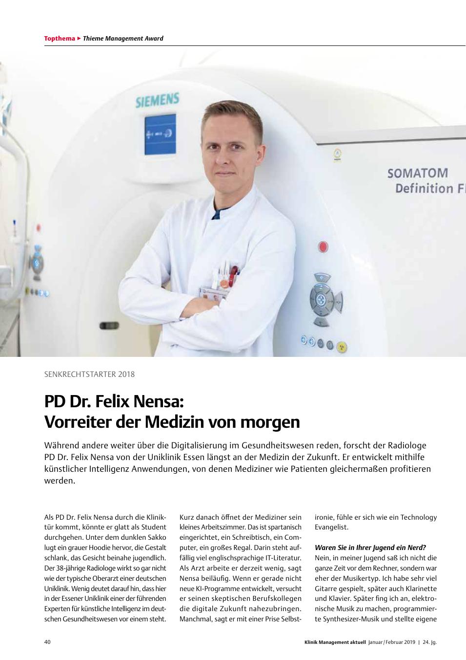 Vorschauseite 1: Senkrechtstarter 2018: PD Dr. Felix Nensa: Vorreiter der Medizin von morgen