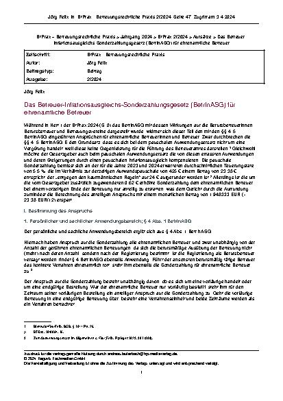 Vorschauseite 1: Das Betreuer-Inflationsausgleichs-Sonderzahlungsgesetz (BetrInASG) für ehrenamtliche Betreuer.