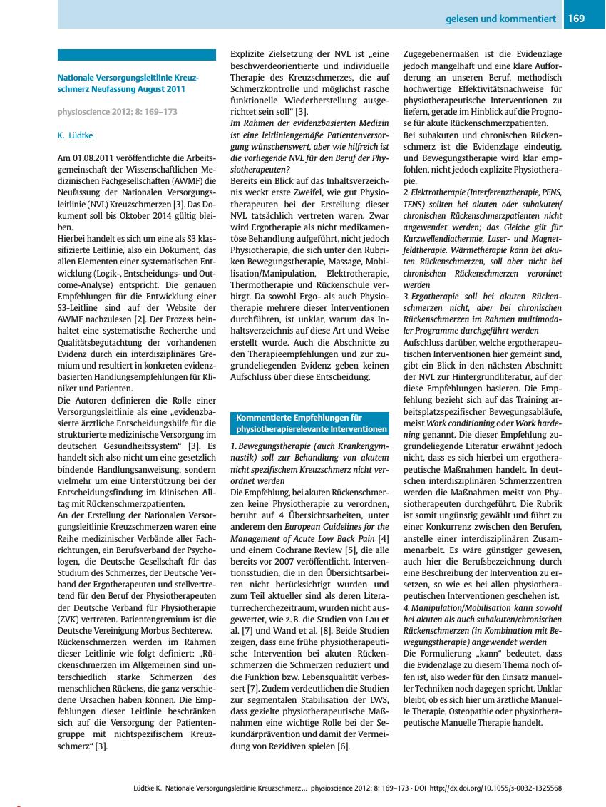 Vorschauseite 1: Nationale Versorgungsleitlinie Kreuzschmerz Neufassung August 2011