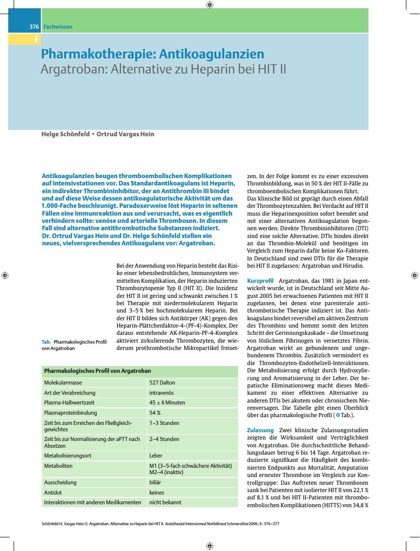 Vorschauseite 1: Pharmakotherapie - Antikoagulanzien - Argatroban - Alternative zu Heparin bei HIT II