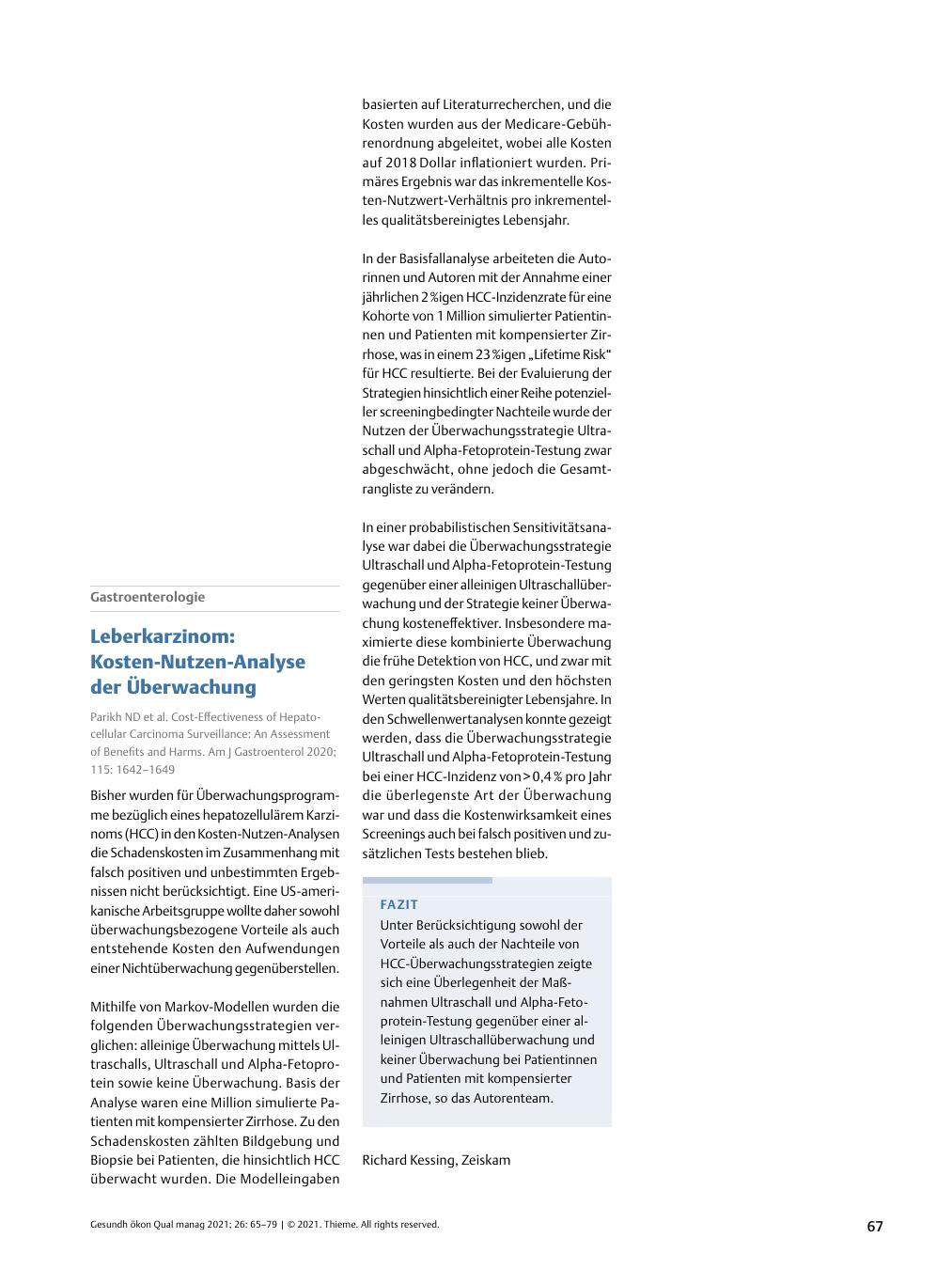 Vorschauseite 1: Gastroenterologie - Leberkarzinom: Kosten-Nutzen-Analyse der Überwachung