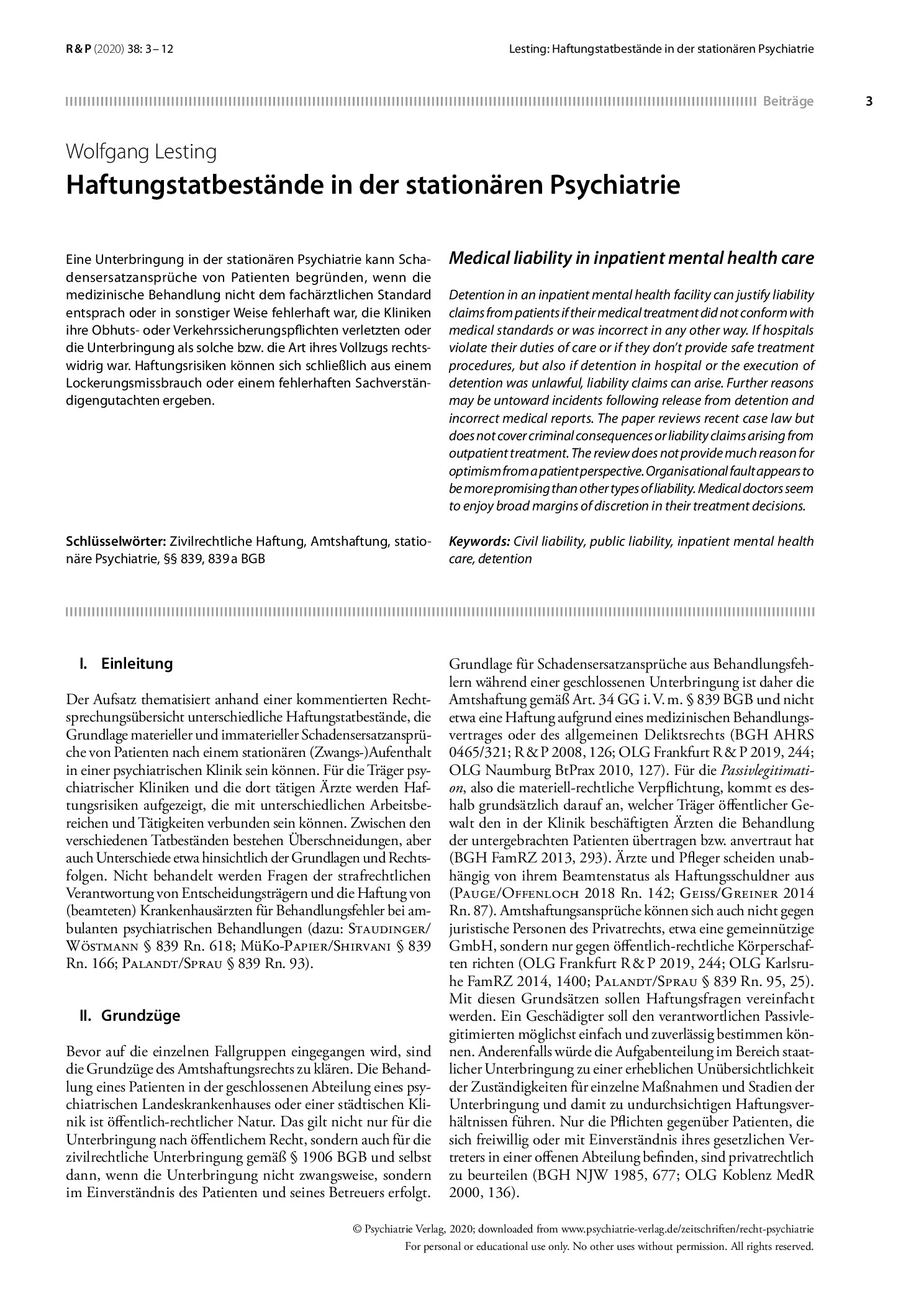 Vorschauseite 1: Haftungstatbestände in der stationären Psychiatrie