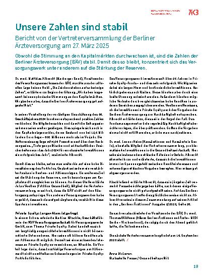 Vorschauseite 1: Unsere Zahlen sind stabil Bericht von der Vertreterversammlung der Berliner Ärzteversorgung am 27. März 2025