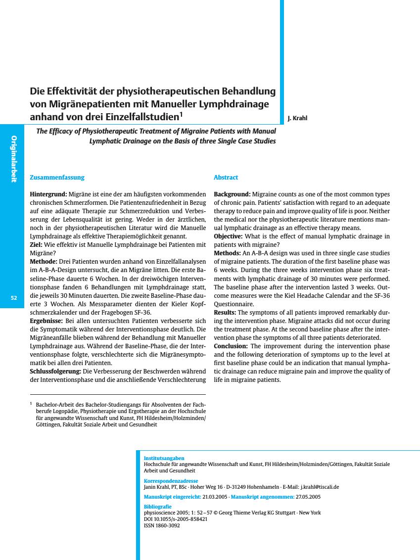 Vorschauseite 1: Die Effektivität der physiotherapeutischen Behandlung von Migränepatienten mit Manueller Lymphdrainage anhand von drei Einzelfallstudien
