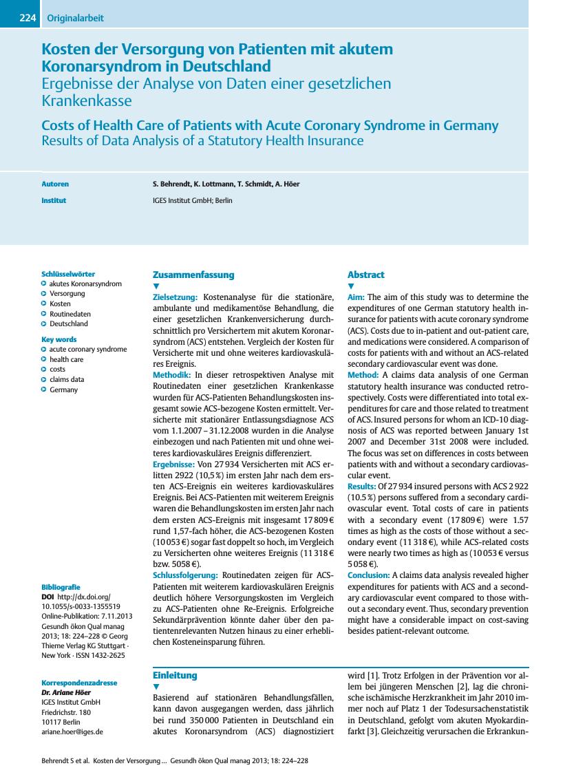 Vorschauseite 1: Kosten der Versorgung von Patienten mit akutem Koronarsyndrom in Deutschland