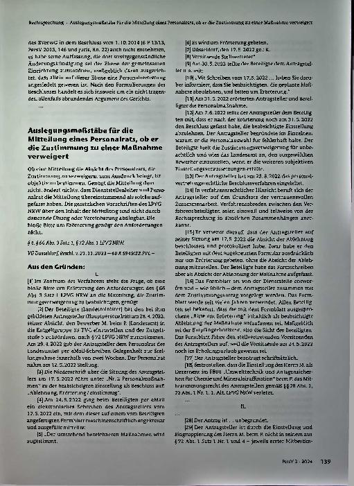 Vorschauseite 1: Auslegungsmaßstäbe für die Mitteilung eines Personalrats, ob er die Zustimmung zu einer Maßnahme verweigert.