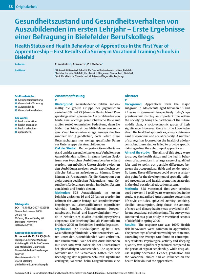 Vorschauseite 1: Gesundheitszustand und Gesundheitsverhalten von Auszubildenden im ersten Lehrjahr - Erste Ergebnisse einer Befragung in Bielefelder Berufskollegs