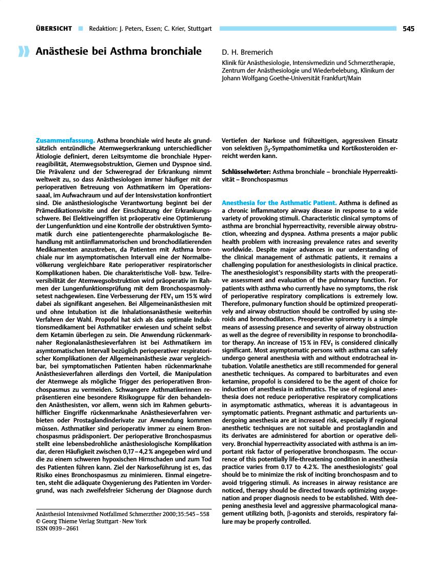 Vorschauseite 1: Anästhesie bei Asthma bronchiale