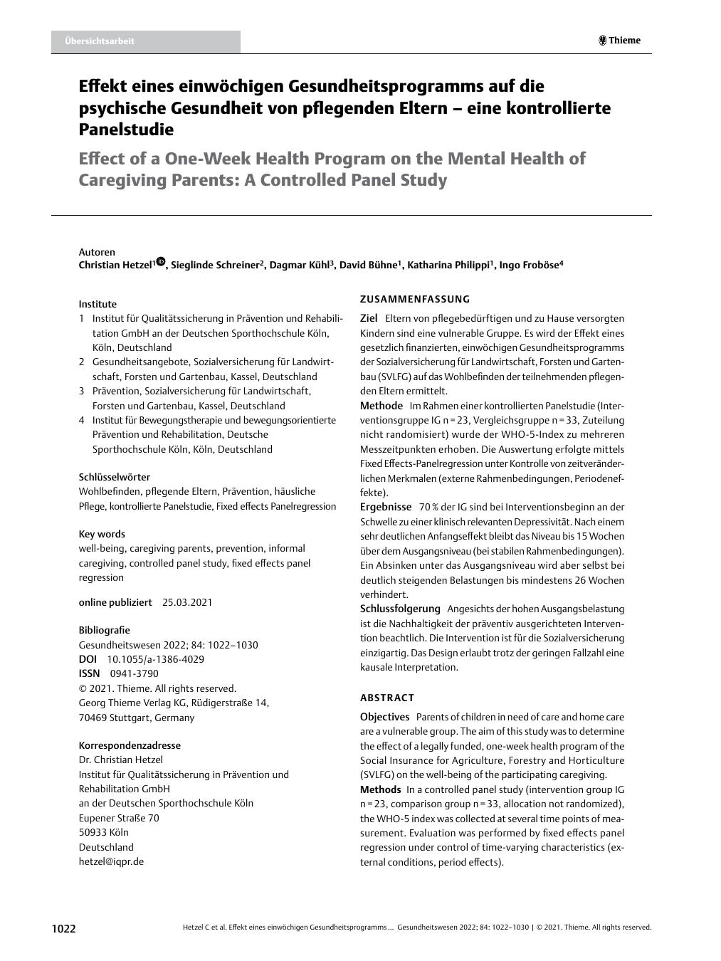 Vorschauseite 1: Effekt eines einwöchigen Gesundheitsprogramms auf die psychische Gesundheit von pflegenden Eltern – eine kontrollierte Panelstudie