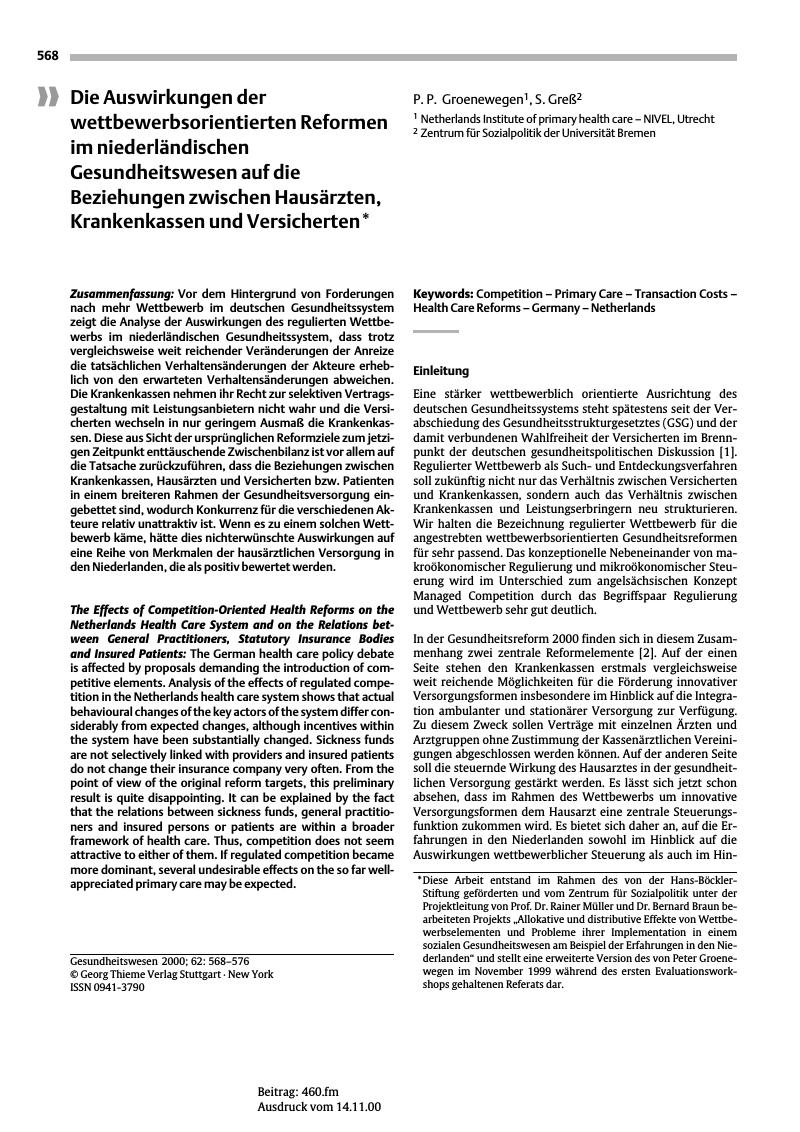 Vorschauseite 1: Die Auswirkungen der wettbewerbsorientierten Reformen im niederländischen Gesundheitswesen auf die Beziehungen zwischen Hausärzten, Krankenkassen und Versicherten*