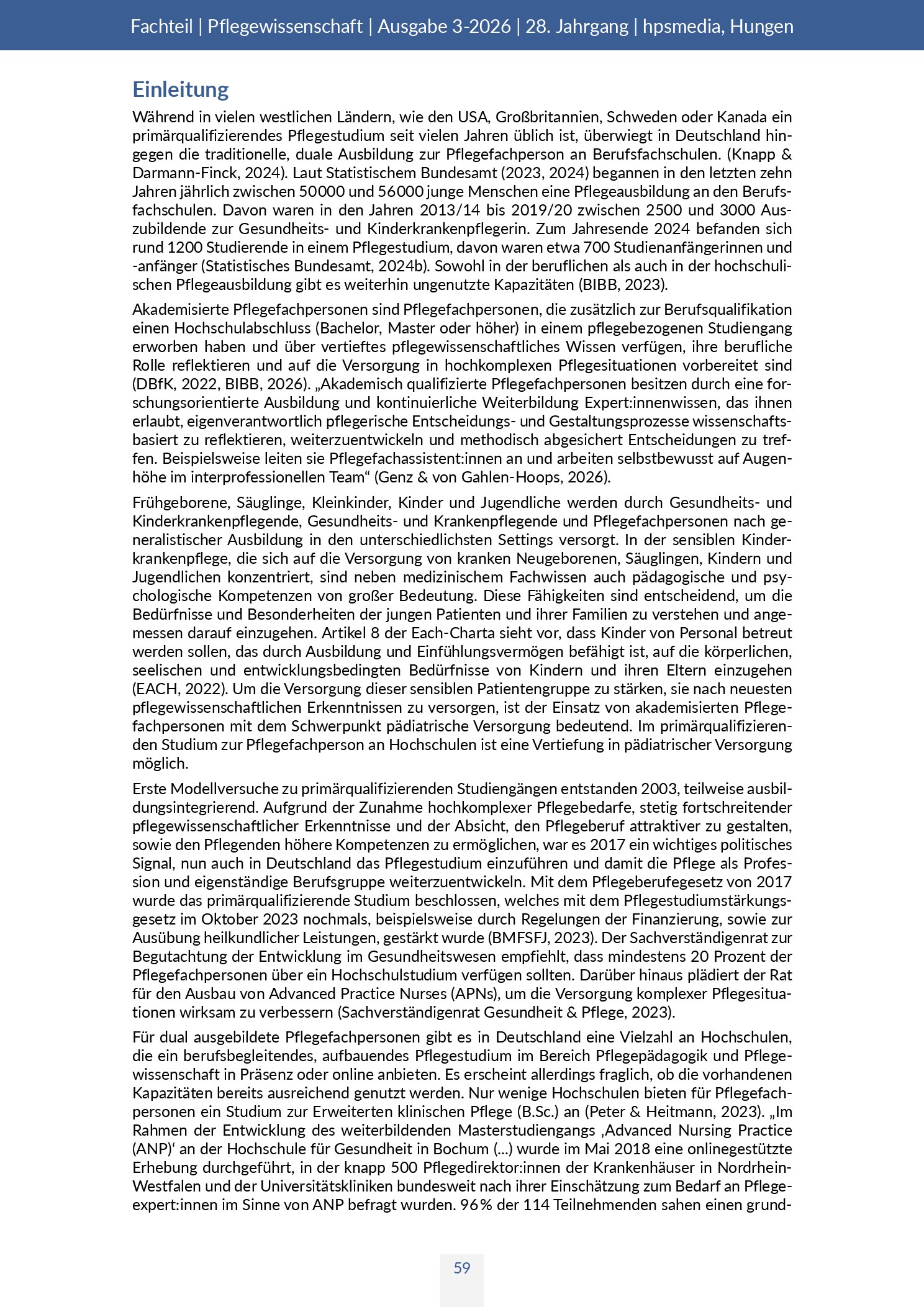 Vorschauseite 2: Akademisierung in der pädiatrischen Pflege: Chancen, Herausforderungen und Auswirkungen auf die Patientenversorgung