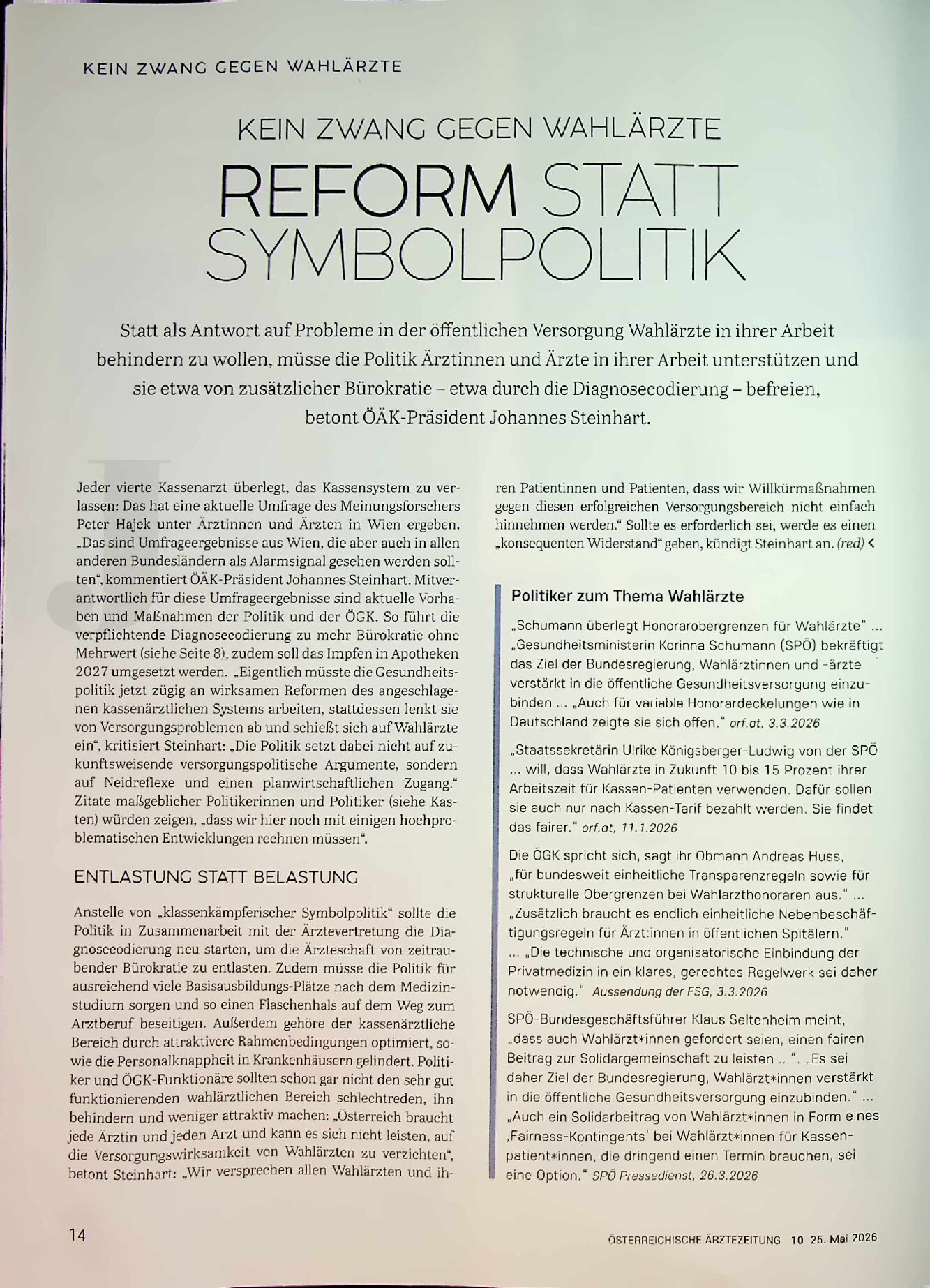 Vorschauseite 1: Kein Zwang gegen Wahlärzte. Reform statt Symbolpolitik