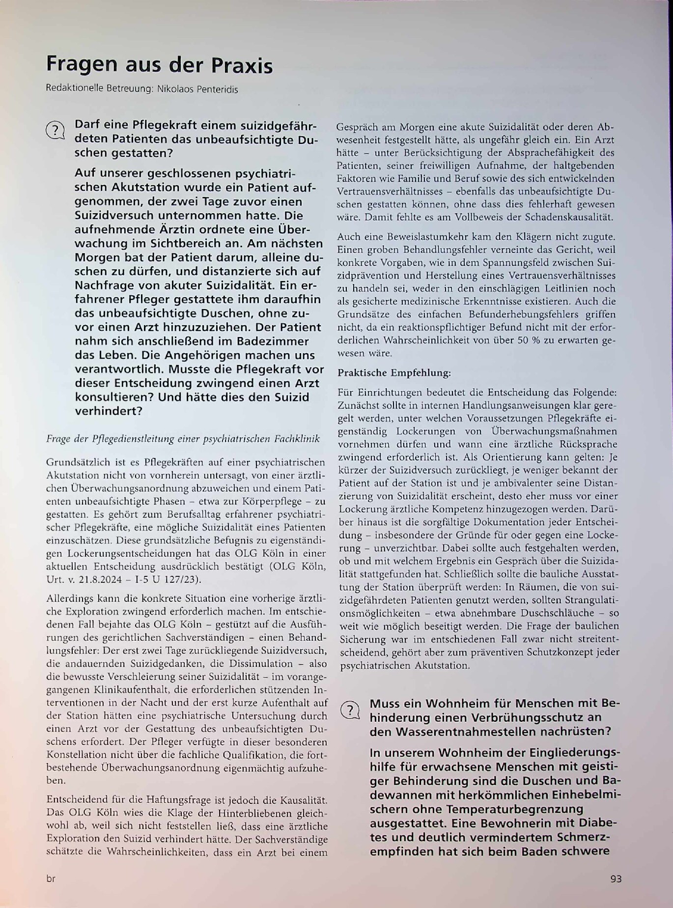 Vorschauseite 1: Darf eine Pflegekraft einem suizidgefährdeten Patienten das unbeaufsichtigte Duschen gestatten?