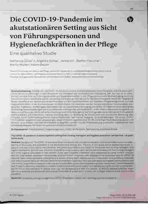 Vorschauseite 1: Die COVID-19-Pandemie im akutstationären Setting aus Sicht von Führungspersonen und Hygienefachkräften in der Pflege.