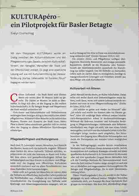 Vorschauseite 1: KULTURApero - ein Pilotprojekt für Basler Betagte
