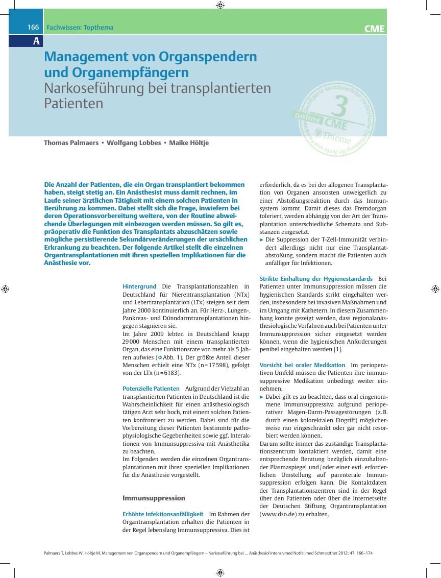 Vorschauseite 1: Management von Organspendern und Organempfängern – Narkoseführung bei transplantierten Patienten