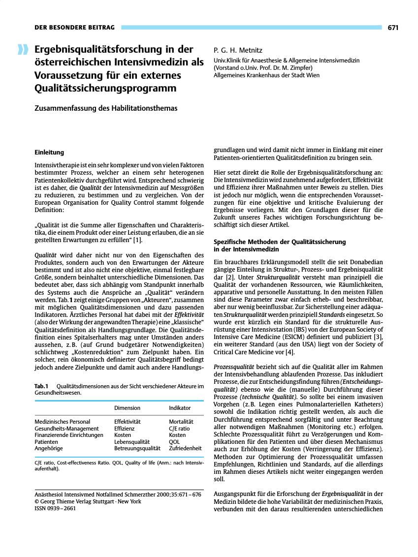 Vorschauseite 1: Ergebnisqualitätsforschung in der österreichischen Intensivmedizin als Voraussetzung für ein externes Qualitätssicherungsprogramm