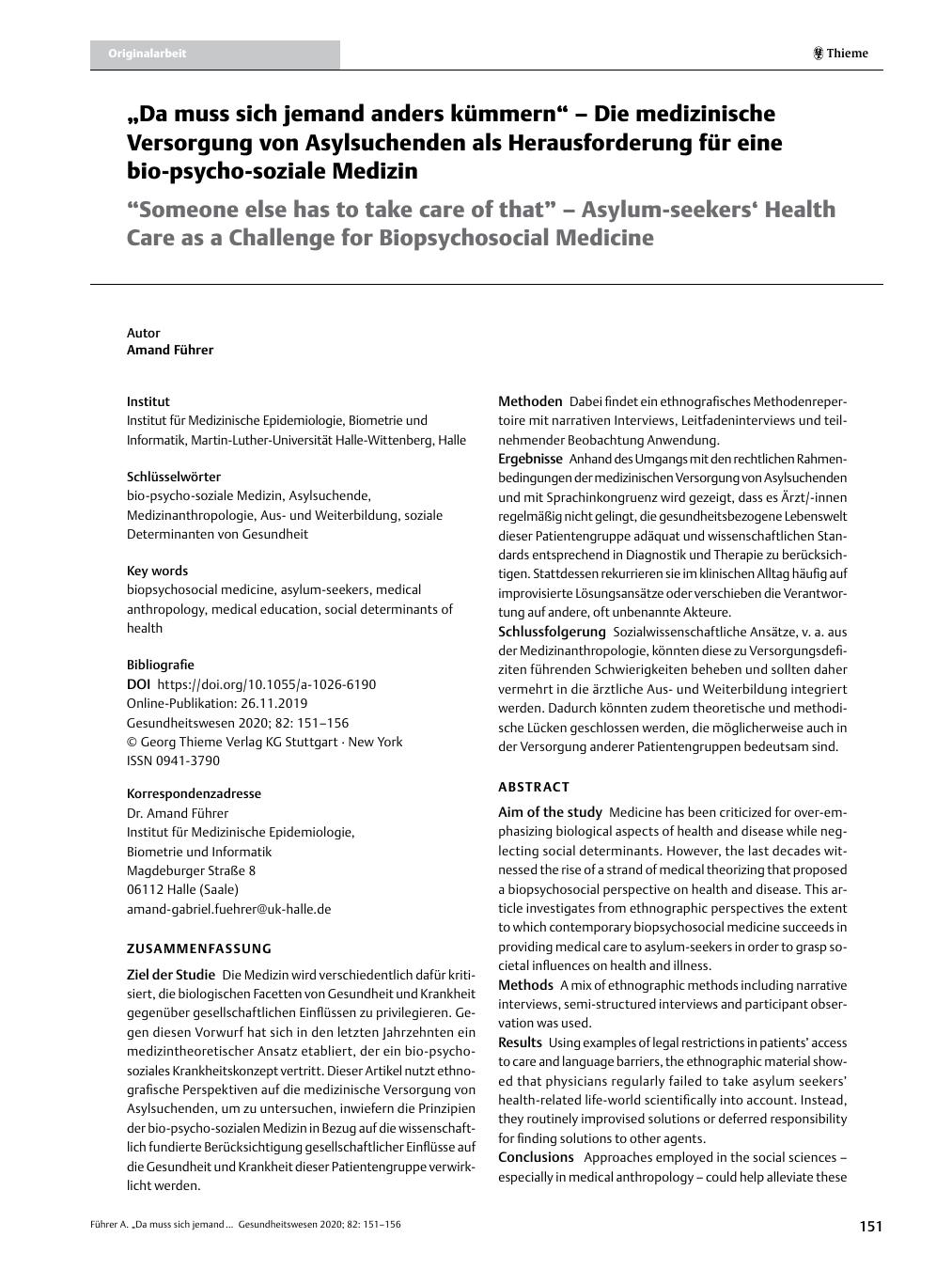 Vorschauseite 1: ? Da muss sich jemand anders kümmern? ? Die medizinische Versorgung von Asylsuchenden als Herausforderung für eine bio-psycho-soziale Medizin