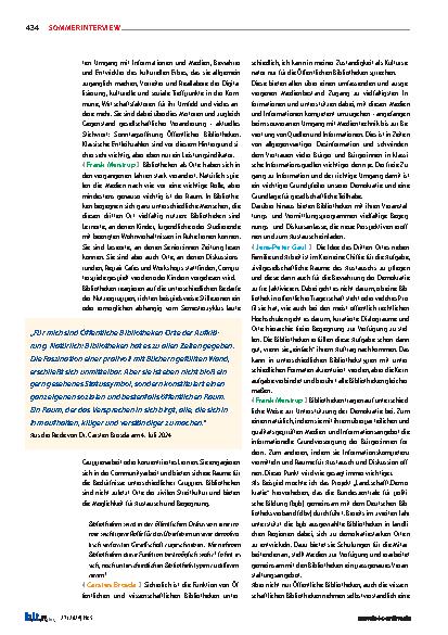 Vorschauseite 2: Eine Reihe von Fragen an Dr. Carsten Brosda, Dr. Jens-Peter Gaul und Dr. Frank Mentrup. Grundlegende Überlegungen zur Rolle der Bibliotheken und ihrer Bedeutung für die Gesellscha…