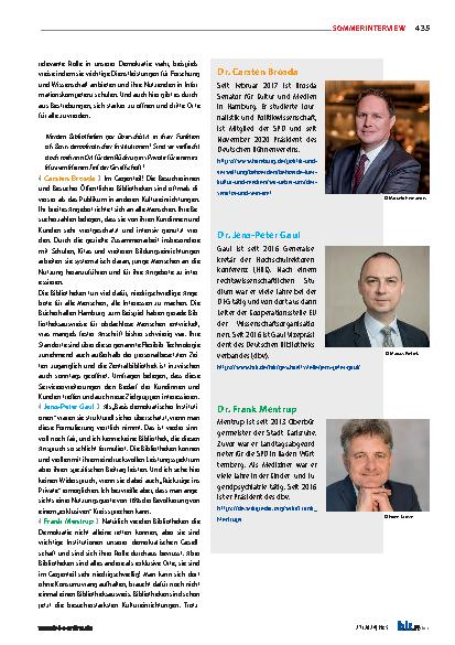 Vorschauseite 3: Eine Reihe von Fragen an Dr. Carsten Brosda, Dr. Jens-Peter Gaul und Dr. Frank Mentrup. Grundlegende Überlegungen zur Rolle der Bibliotheken und ihrer Bedeutung für die Gesellscha…