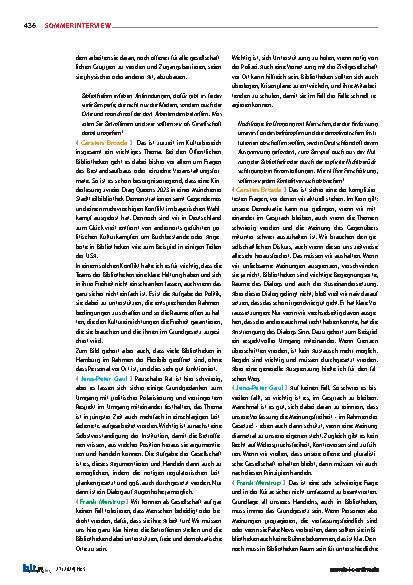 Vorschauseite 4: Eine Reihe von Fragen an Dr. Carsten Brosda, Dr. Jens-Peter Gaul und Dr. Frank Mentrup. Grundlegende Überlegungen zur Rolle der Bibliotheken und ihrer Bedeutung für die Gesellscha…